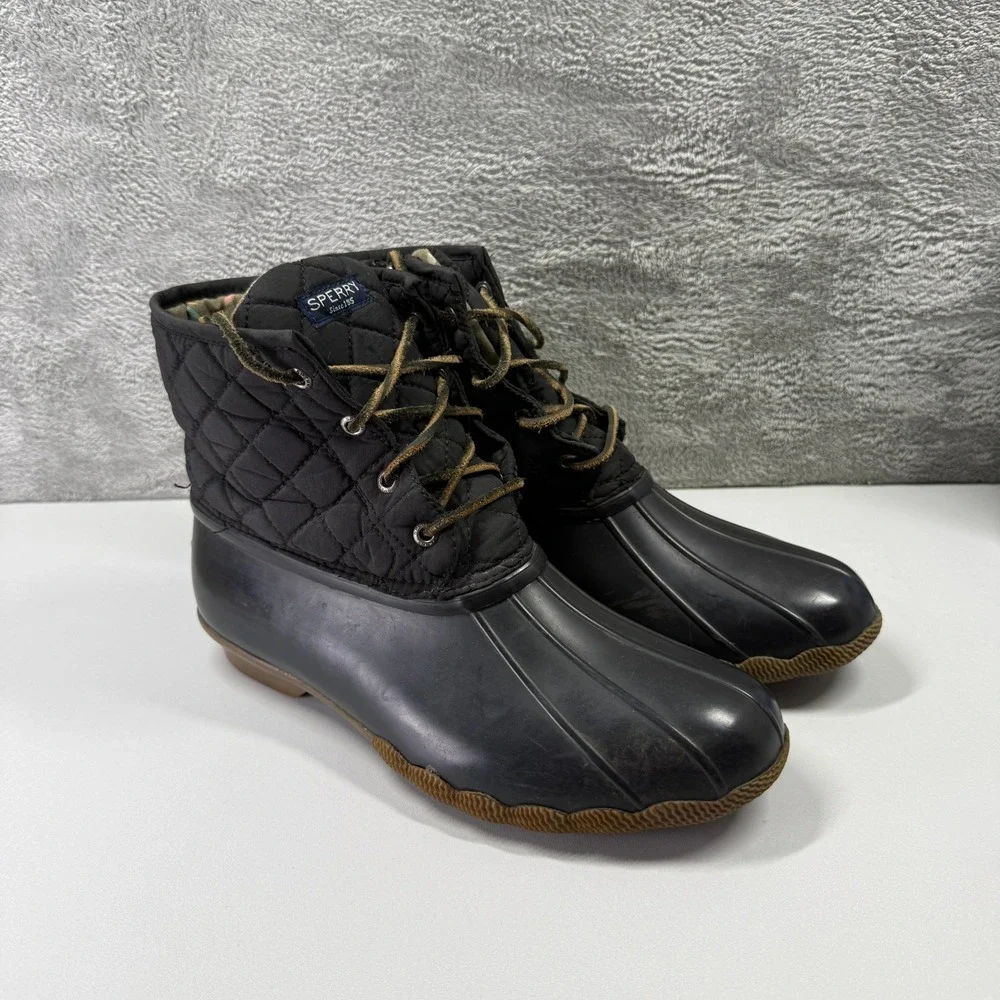 Sperry Saltwater Black Quilted Duck Boots Waterproof Ankle STS94063 Womens 9 M